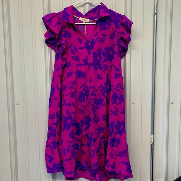 Umgee Floral print Dress New Collared purple magenta Tiered - Picture 1 of 7